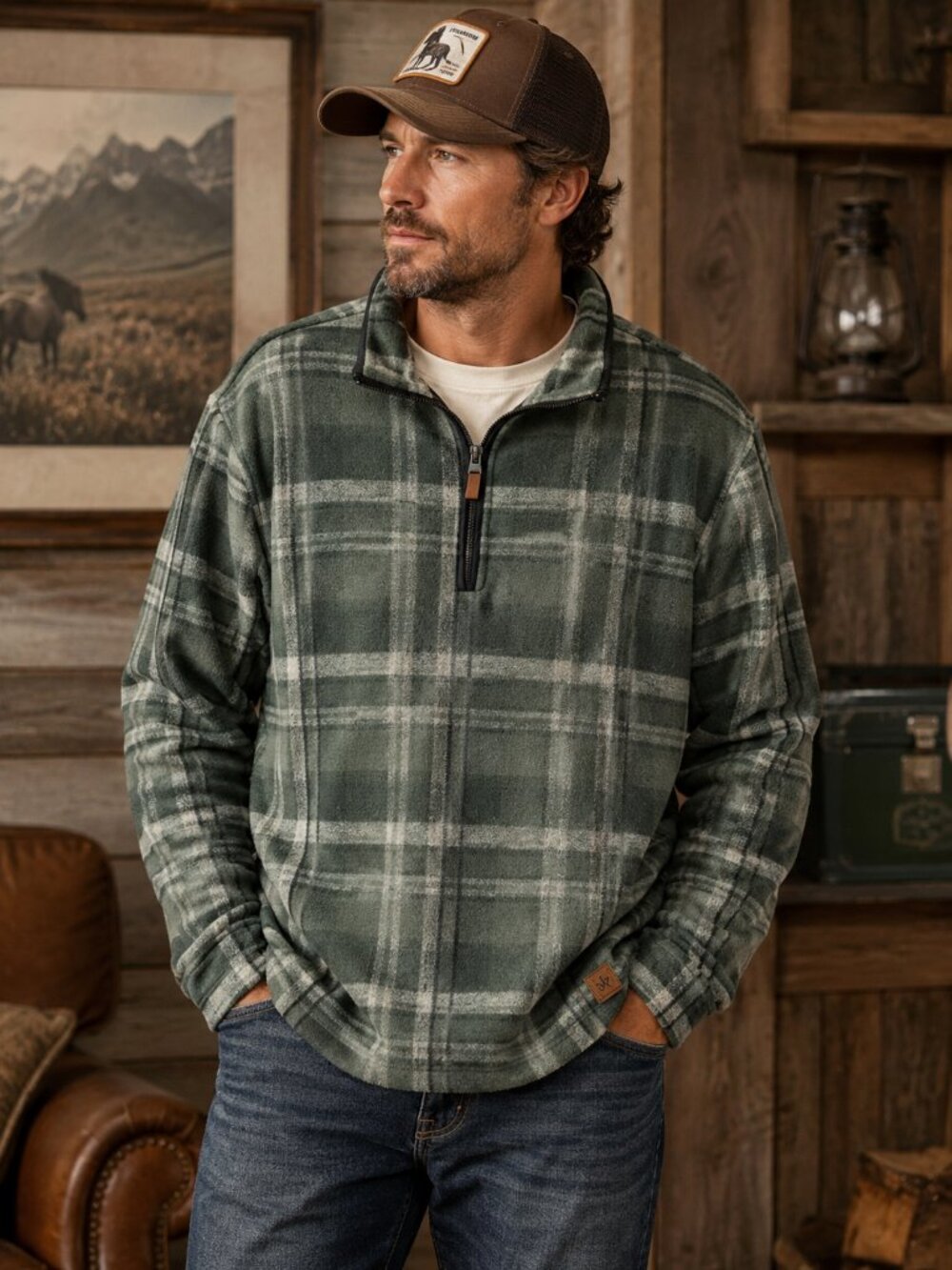 John Wayne Men's XXL Green Plaid Quarter Zip Fleece Pullover Western Ranch